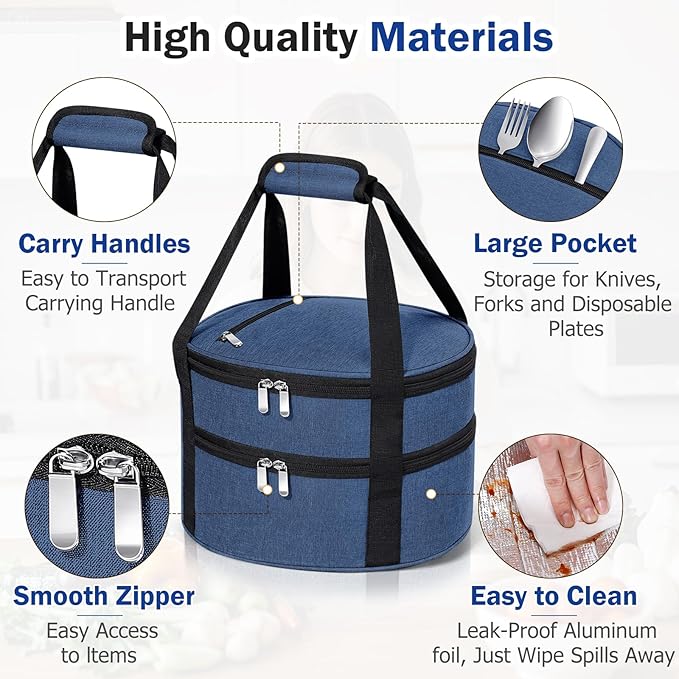 Round Double Insulated Casserole Carrier, Pie Carrier Bag, Portable Casserole Carrier for Hot or Cold Food Lunch Tote, Lunch Bag for Parties Picnic, Fits 12.5" Baking Dish, Navy Blue