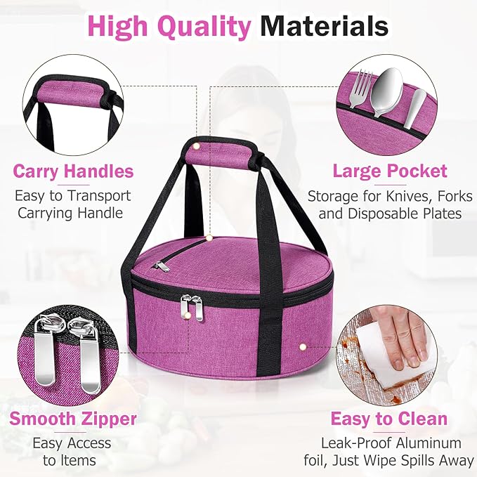 Round Insulated Casserole Carrier, Pie Carrier Bag, Portable Casserole Carrier for Hot or Cold Food Lunch Tote, Lunch Bag for Parties Picnic, Fits 12.5" Baking Dish, Rose Red