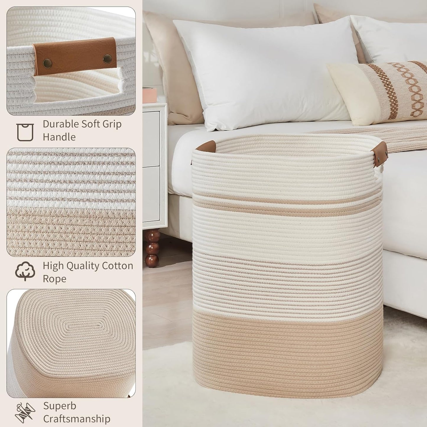 Laundry Basket with Handles - Blanket Basket & Hampers for Bedroom Aesthetic, Laundry Hamper & Blanket Storage for Living Room, Clothes Hamper, Tall, Large 17" x 14" x 22”, Off-white