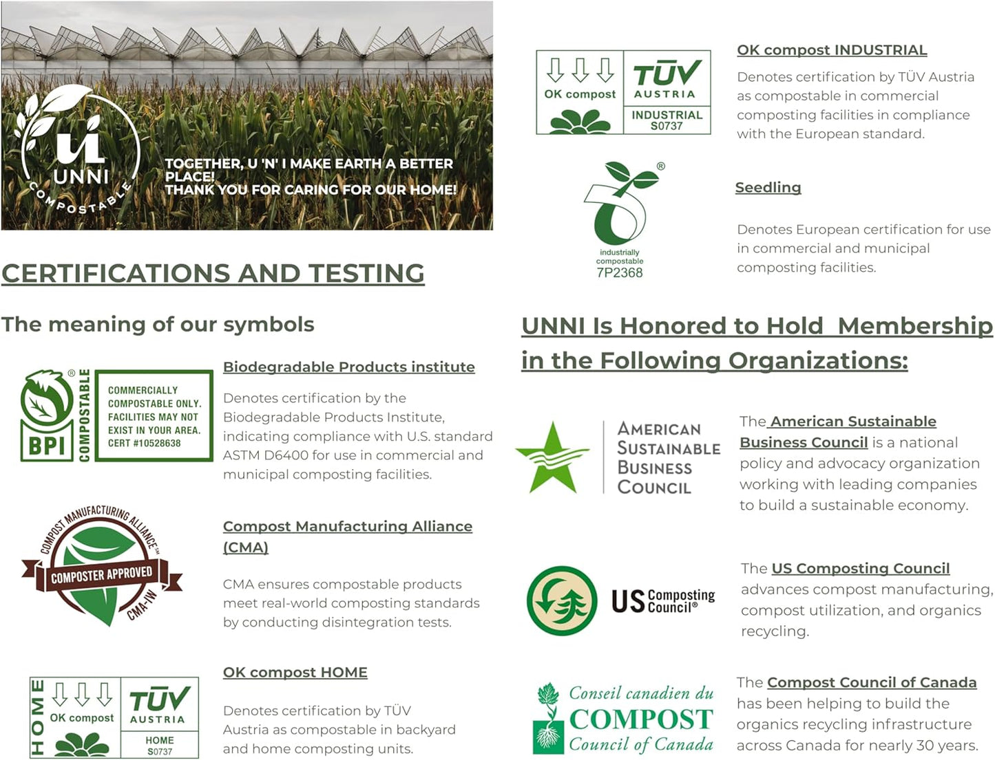 UNNI Compostable Lawn & Leaf Bags, 30-33 Gallon / 124 Liter, 20 Count, Extra Thick 1.1 mil Yard Waste & Food Scrap Liners, Certified by BPI, CMA & OK compost HOME, Meets the ASTM D6400 Standard