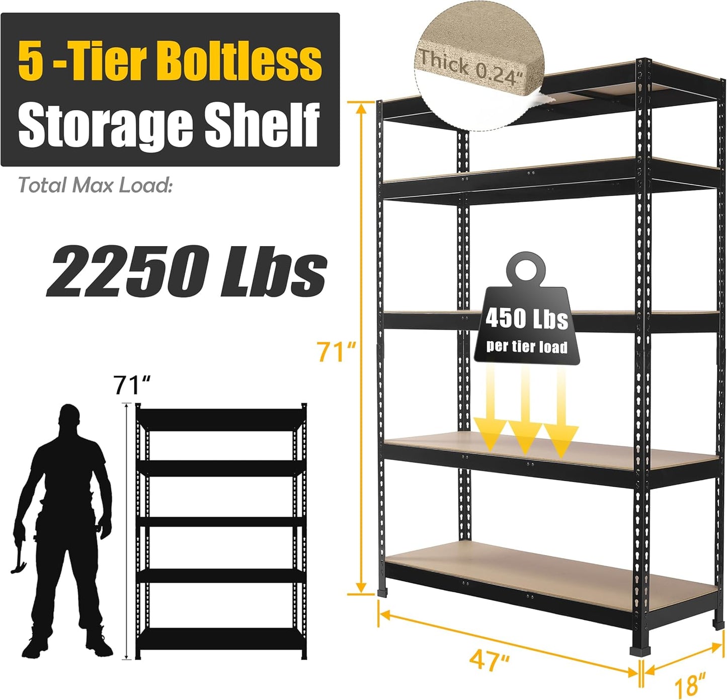 PrimeZone 3 Pack Heavy Duty Adjustable 5 Tier Garage Storage Shelves - 47" W x 18" D x 71" H, Metal Utility Rack Shelf Unit for Warehouse, Pantry, Closet, Kitchen, Black