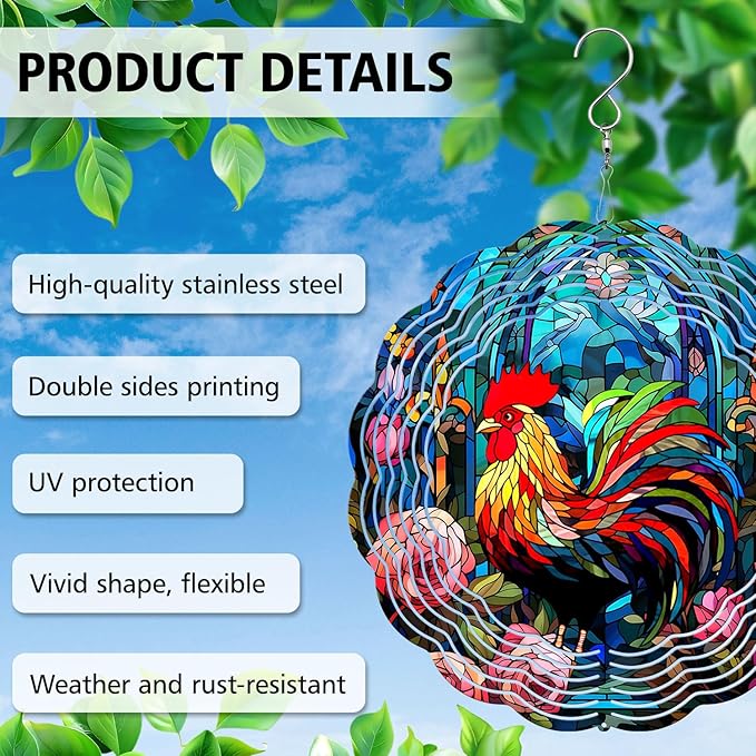 Rooster Yard and Garden Wind Spinner, Unique 3D Hanging Rooster Wind Spinner