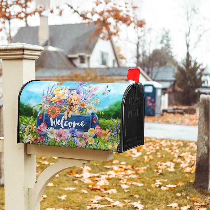 Spring Truck Mailbox Cover Magnetic Welcome Flower Cute Golden Retriever Dog Letter Box Blue Pickup Colorful Flower Butterfly Decorative Waterproof Post Box Covers For Garden Yard Outside
