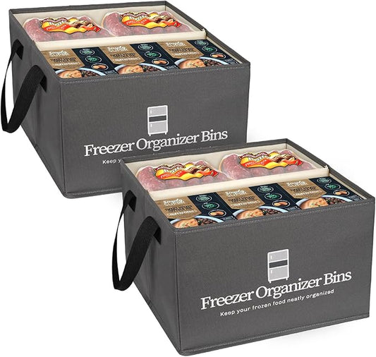 Freezer Organizer Bins, 2 Pack Collapsible Deep Freezer Organizer Bins for 15"x14"x9", freezer Storage Bins with Removable Dividers, Handles (Dark Grey, 2 Pack)