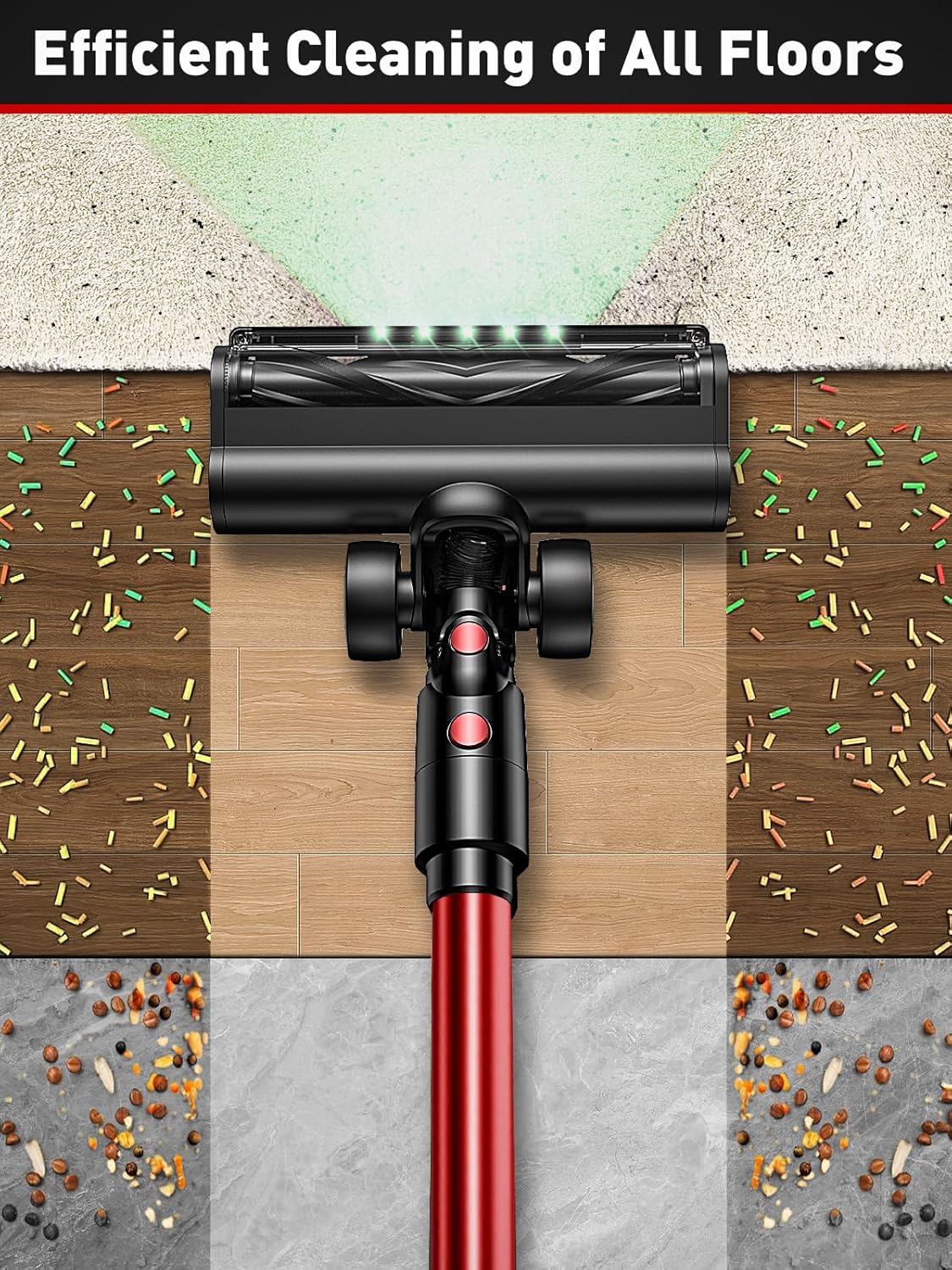 Cordless Vacuum Cleaner, 40KPA 8-in-1 Vacuum Cleaners for Home, 50Mins Runtime, Anti-Tangle Stick Vacuum with LED Display, Rechargeable Lightweight Vacuum for Pet Hair/Carpet/Floor (Red)