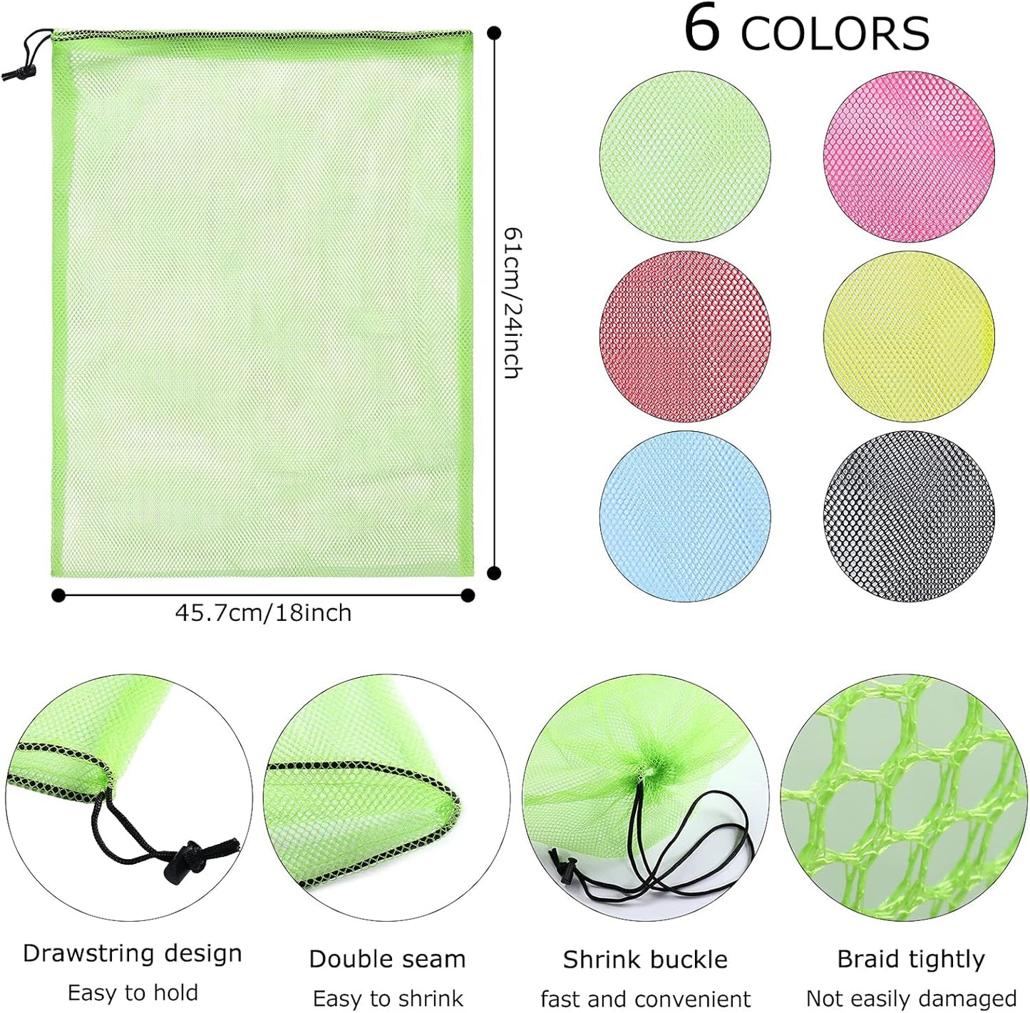 18"X24" 6Pcs Mesh Laundry Drawstring Bag Nylon Drawstring Gym Bag with Cord Lock Closure