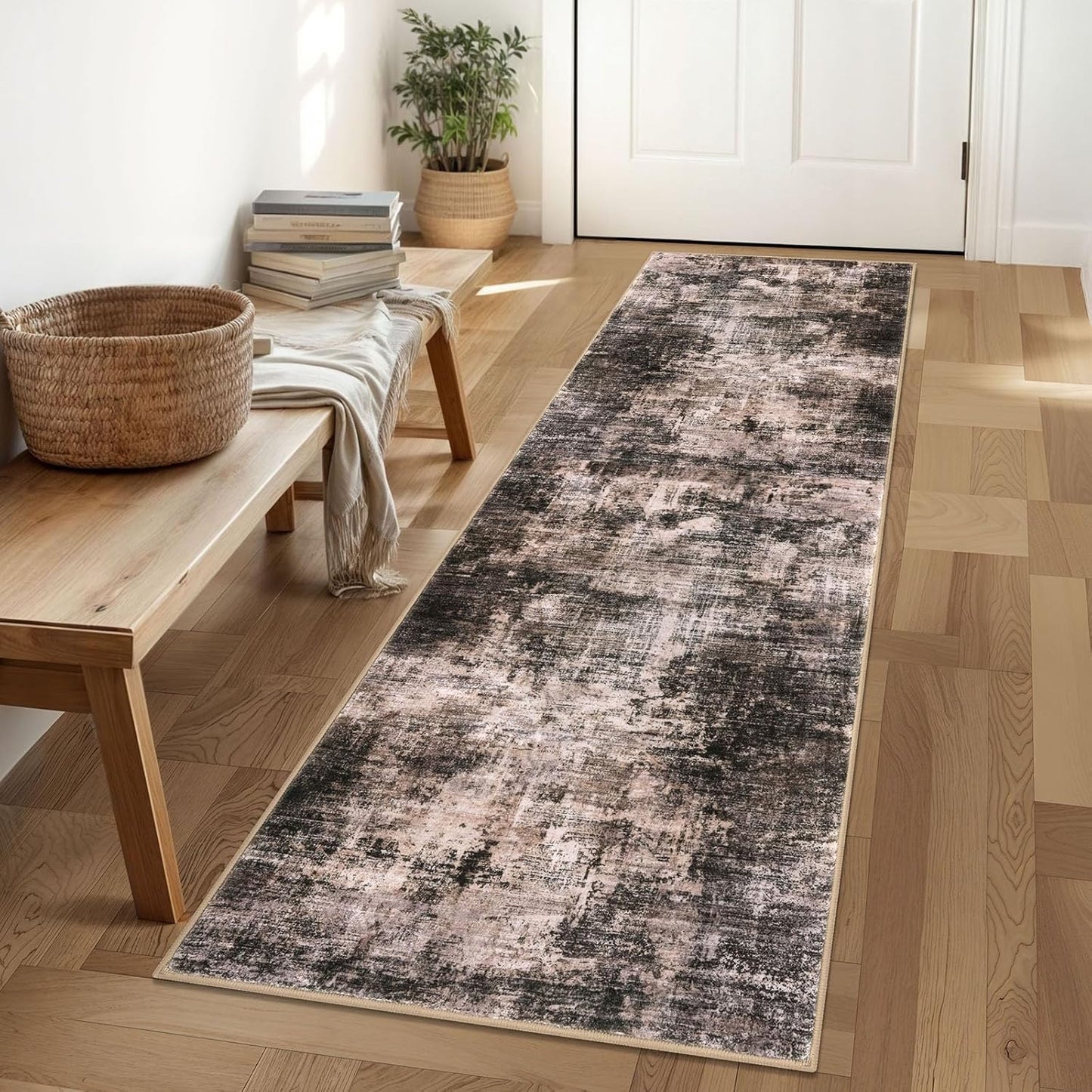 IOHOUZE Abstract Runner Rug 2x6 Ft Washable Runners for Hallways, Non Slip Kitchen Runner Printed Faux Wool Entryway Runner Indoor, Modern Abstract Floor Carpet for Hall Kitchen Bedroom, Brown/Rust