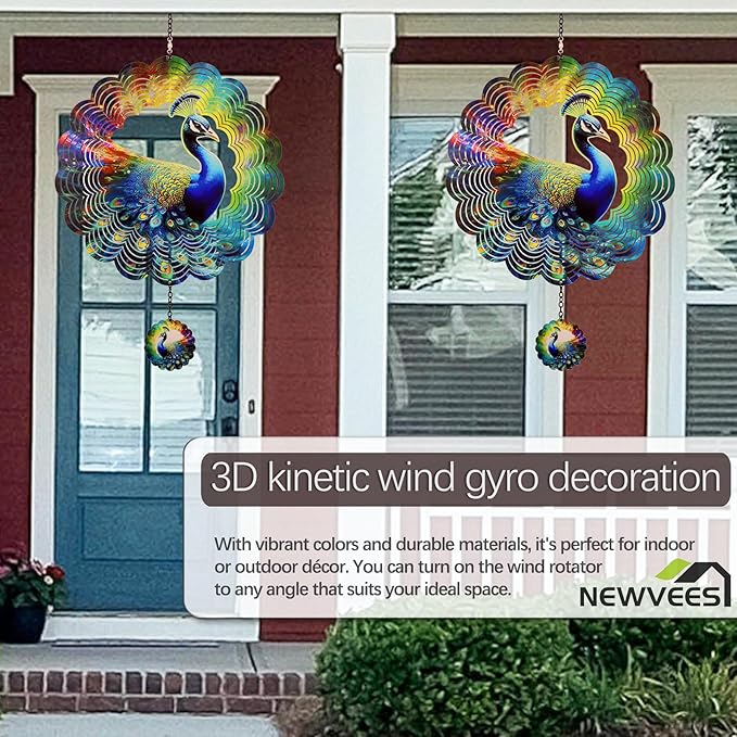 Peacock Metal Wind Spinners - Gifts for Women Mom Grandma Wife, Hanging Wind Spinner for Outdoor & Indoor Decorations, 12 inch Wide, 21 inch Long, Wind Spinner for Christmas Ornament Gifts