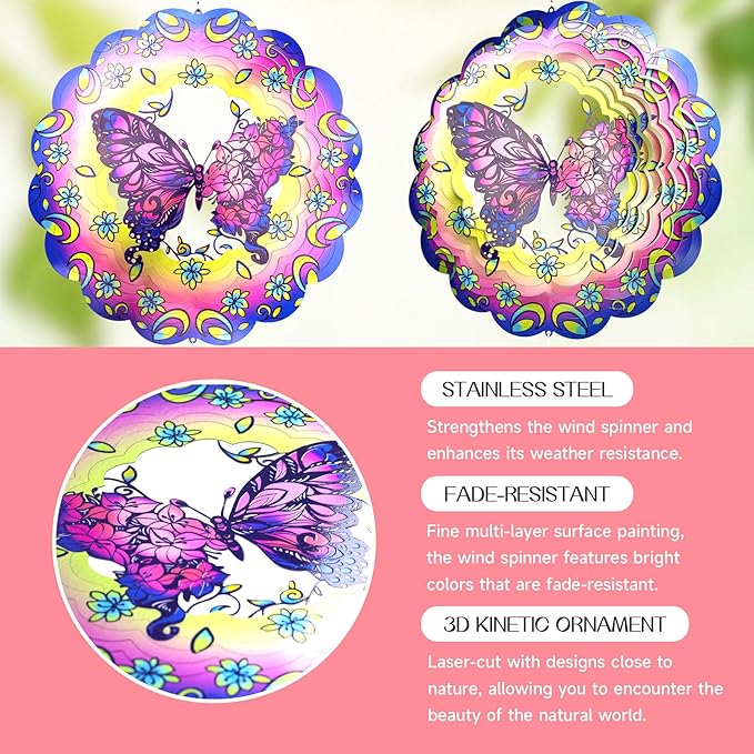 Butterfly 12 Inch Wind Spinners Garden Yard Decor Gift for Women Men, Outdoor Purple Metal 3D Wind Spinner, Stainless Steel Hanging Wind Catchers Sculpture for Outside Decoration