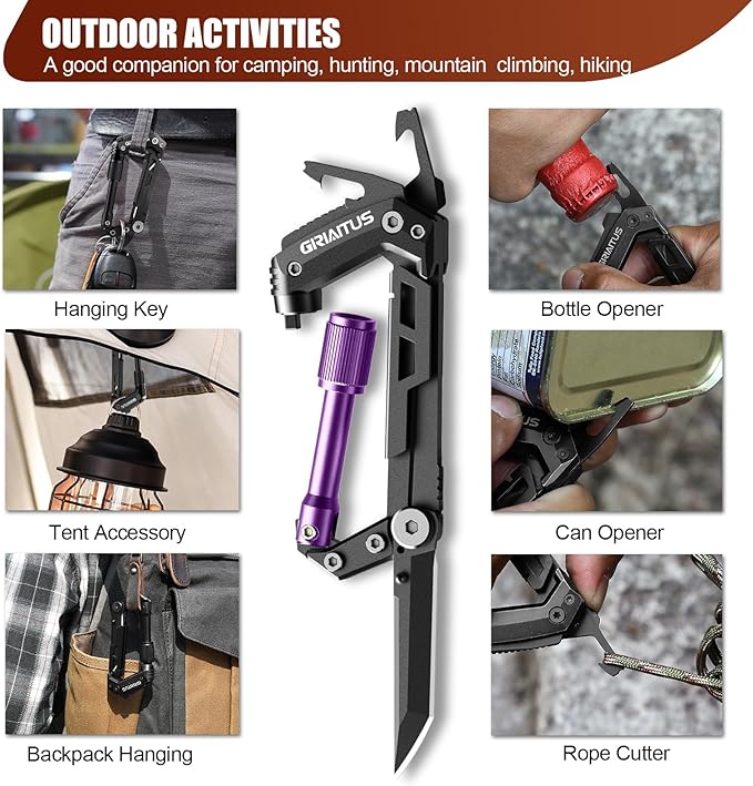 Carabiner Multitool with Pocket Knives, EDC Carabiners, Serrated Knife, Rope Cutter, Screwdriver, Can Bottle Opener, Ruler, Folding Knife for Camping Hiking, Gifts for Men (Purple)