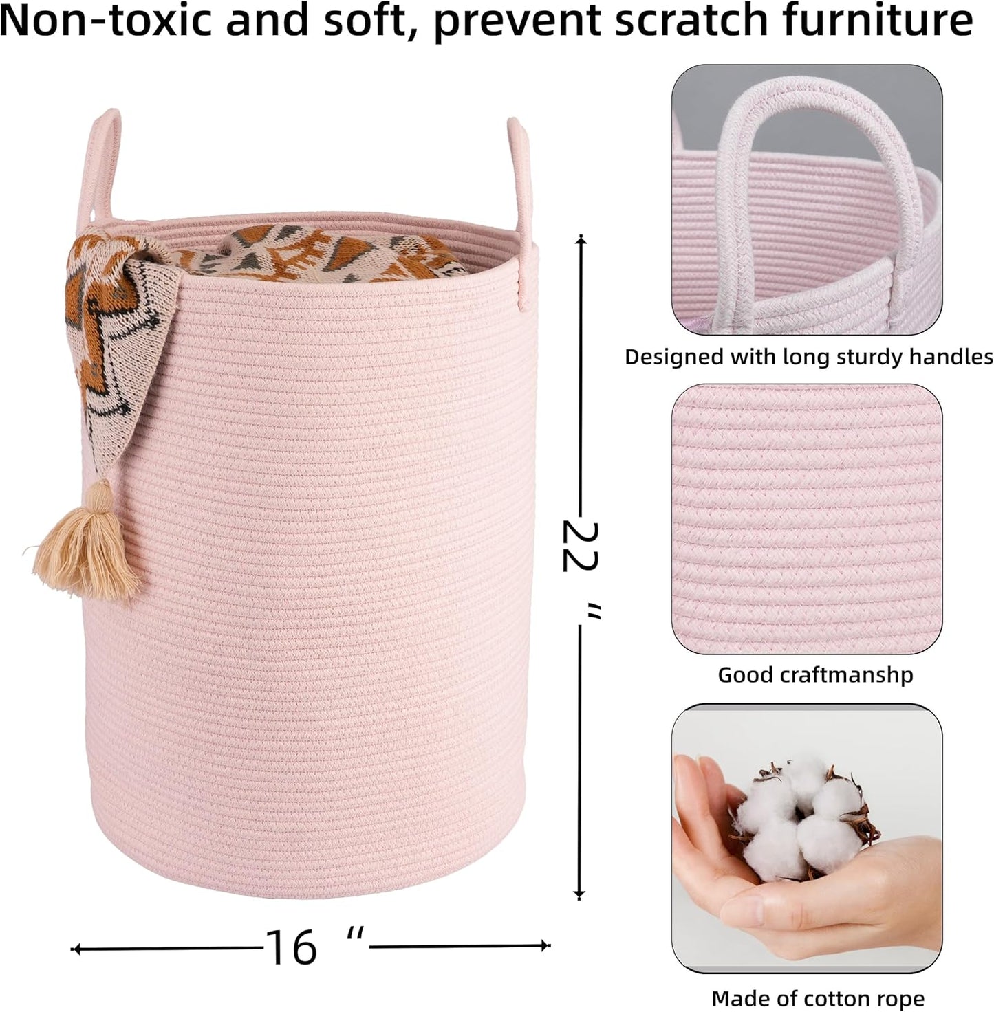Cotton Rope Laundry Basket Hamper for Clothes Woven Storage Basket for Living Room Bedroom Boho Tall Rope Baskets for Blanket Toys Pillow Towels Baby Nursery Hamper Bin Large light pink