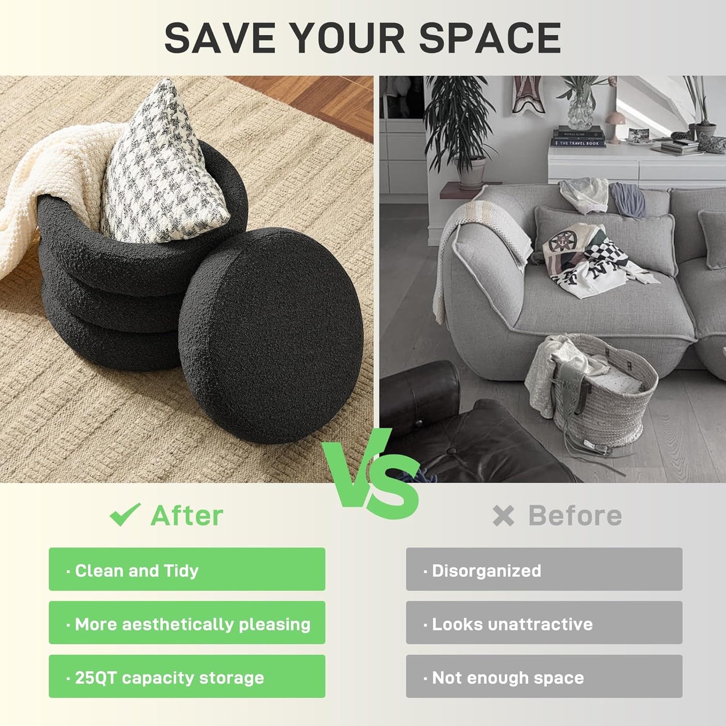 Round Ottoman with Storage Boucle Ottoman Stool with Storage Removable Lid for Living Room Modern Vanity Sorage Stool Foot Rest Bedroom Dorm Gift Set of 1 (Black)