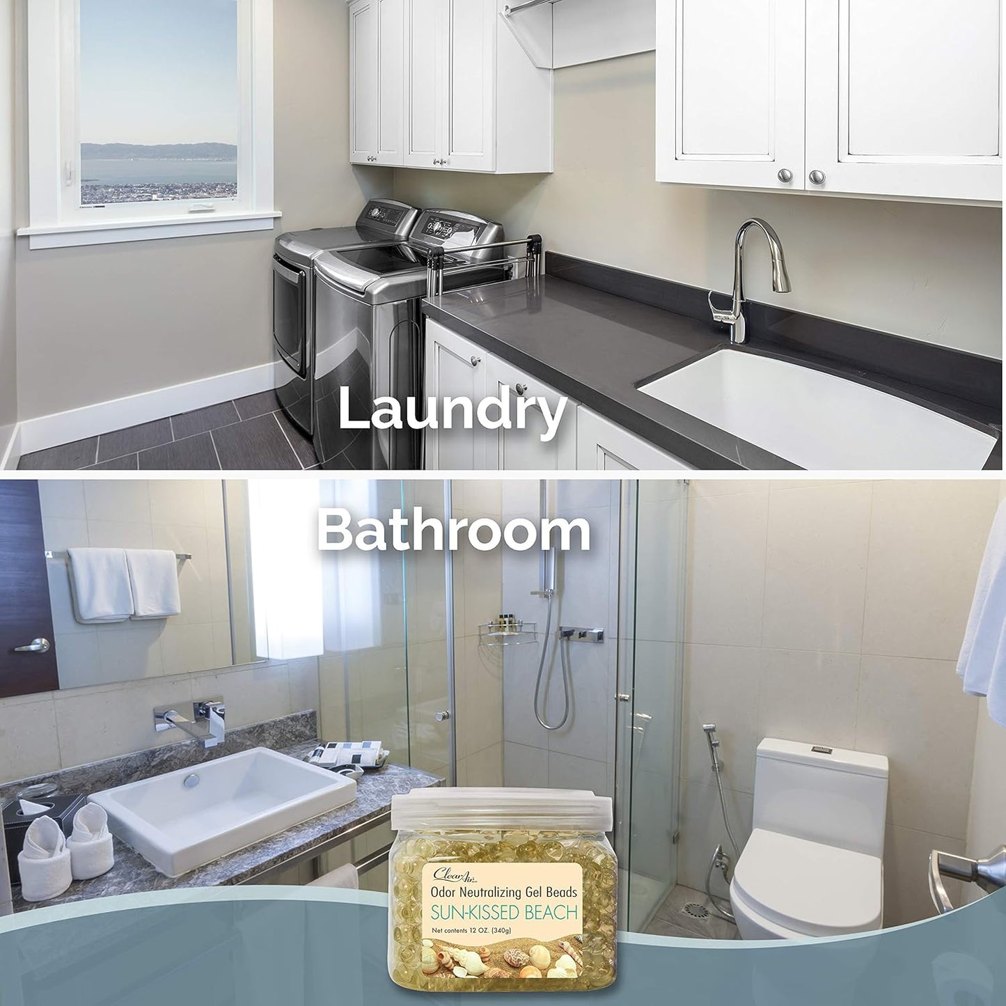 Clear Air Odor Eliminator Gel Beads - 12 oz, Pack of 2 - Air Freshener Made with Essential Oils - Eliminates Odors in Bathrooms, Cars, Boats, RVs & Pet Areas - Sun-Kissed Beach Scent