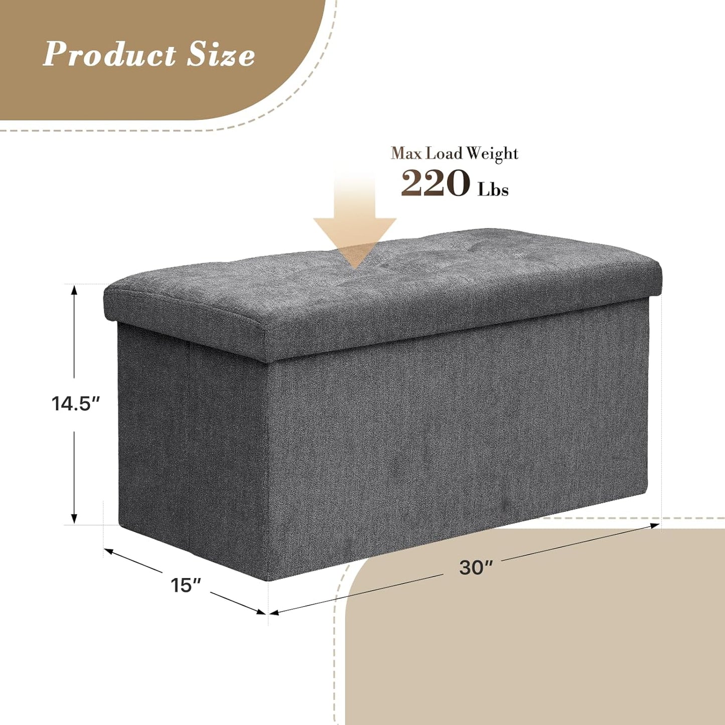 Athena Collection 30" Storage Ottoman Bench Folding Bench with 90L Hidden Storage, Large End of Bed Bench Linen Foot Rest Stool Chest with Flipping Lid for Living Room, Bedroom, Entryway, Dark Gray