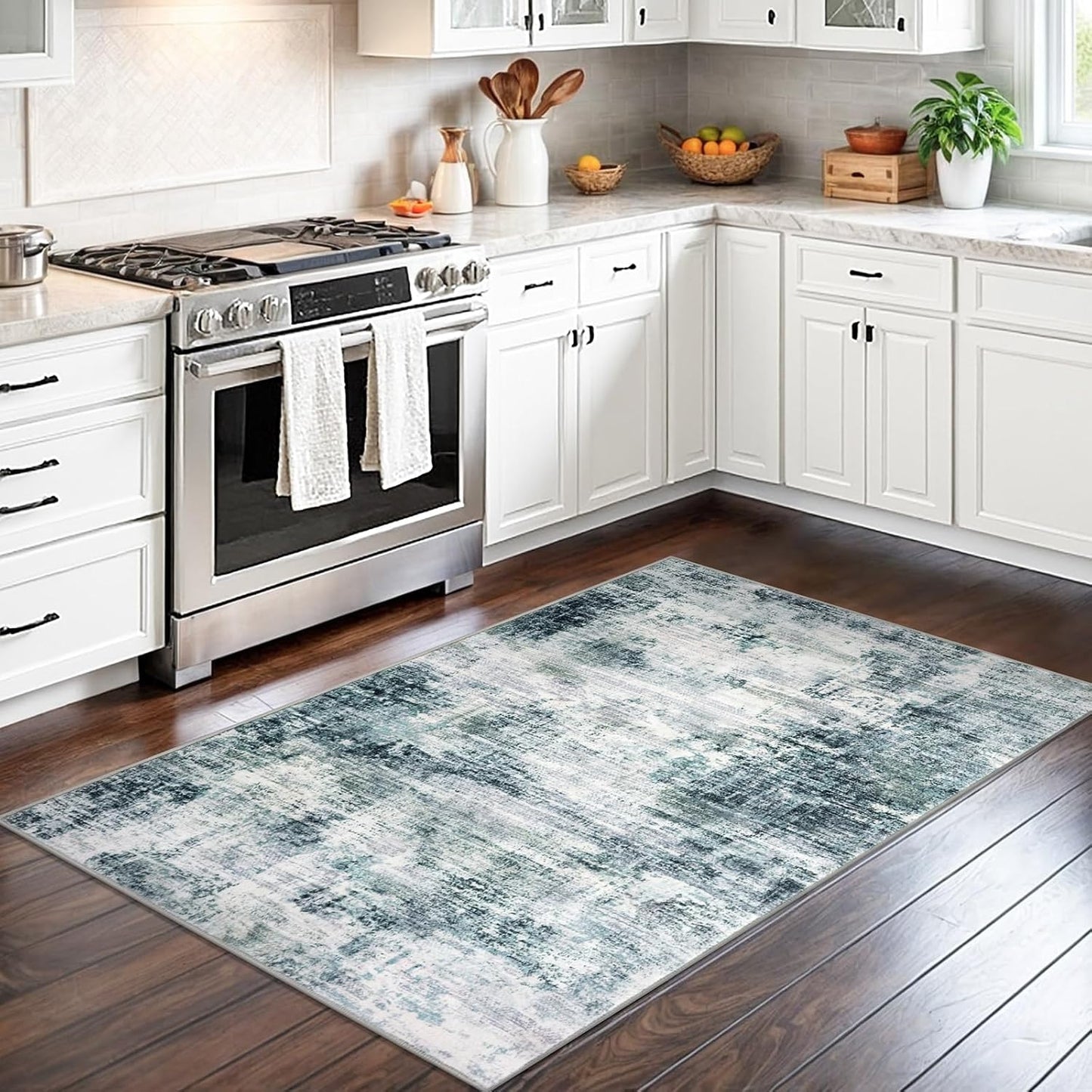 IOHOUZE Abstract Area Rug 3x5 Ft Washable Rugs for Entryway Indoor, Non Slip Kitchen Rug Printed Faux Wool Throw Rugs with Rubber Backing, Indoor Door Mat for Entrance Foyer Living Room, Sage Grey