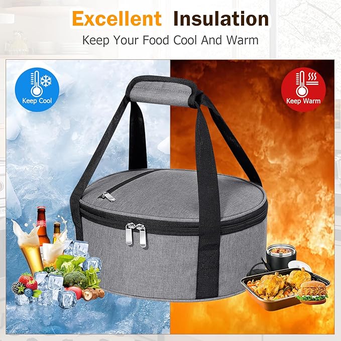 Round Insulated Casserole Carrier, Pie Carrier Bag, Portable Casserole Carrier for Hot or Cold Food Lunch Tote, Lunch Bag for Parties Picnic, Fits 12.5" Baking Dish, Grey