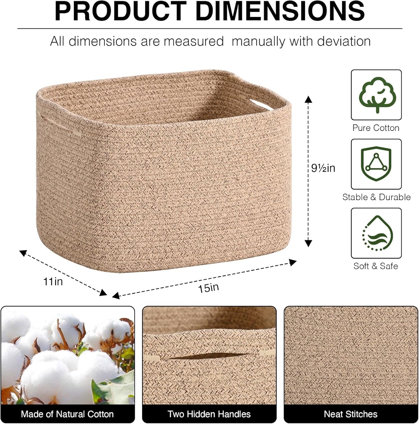 Woven Cotton Rope Storage Basket for Organizing, Cute Decorative Baskets for Gifts Empty, Organizer Bins for Dog Toy, Baby Laundry, 15“×11”×9.5“, Brown