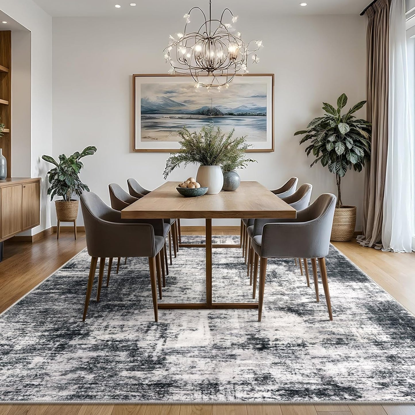 IOHOUZE Abstract Area Rugs 8x10 Ft Washable Large Rugs for Living Room, Non Slip Dining Room Rug, Printed Faux Wool Rugs for Bedroom, Floor Carpet for Office Nursery Playroom, Black Grey