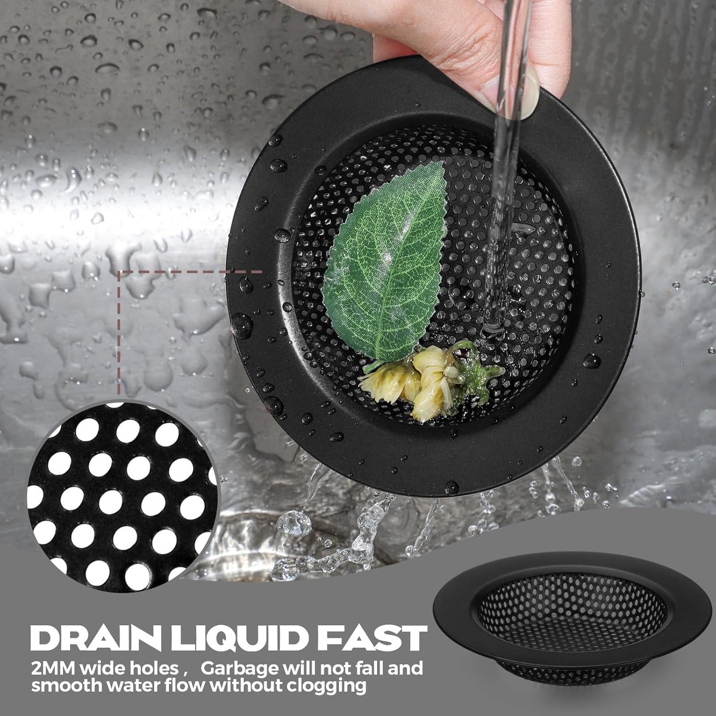 Retisee 2 Pcs Sink Strainer Stainless Steel Kitchen Sink Drain Strainer Basket Cover Mesh Hair Food Catcher, Large Wide Rim of 4.4 Diameter(Matte Black)