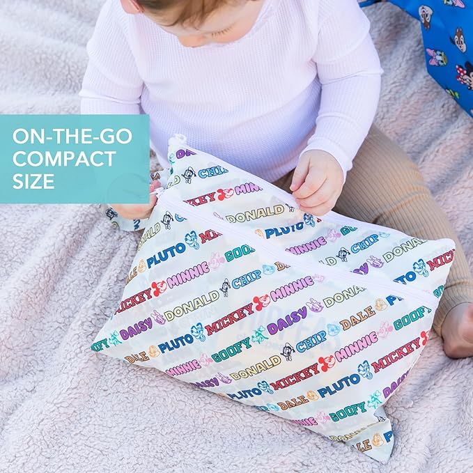 Bumkins Disney Waterproof Wet Dry Clutch Bag for Baby, Travel, Swim Suit, Diapers, Pump Parts, Pool, Gym Clothes, Toiletry, Hook to Stroller, Daycare, Packing Pouch, Zip Bag, Mickey and Friends White