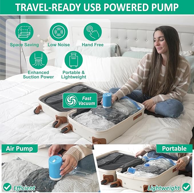 Cozy Essential Travel Vacuum Bags with Electric Pump, 6 Pack Vacuum Travel Bags for Luggage and Suitcase, Vacuum Seal Space Saver Compression for Clothes Clothing