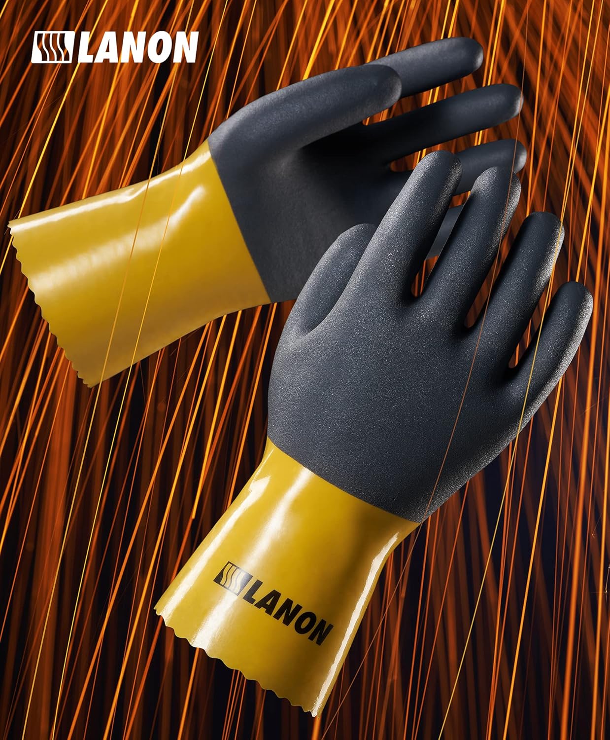LANON 3 Pairs PVC Chemical Gloves, Thick Rubber Work Gloves, Heavy-Duty, EN 374/388, Acid, Alkali and Oil, Non-Slip, XL