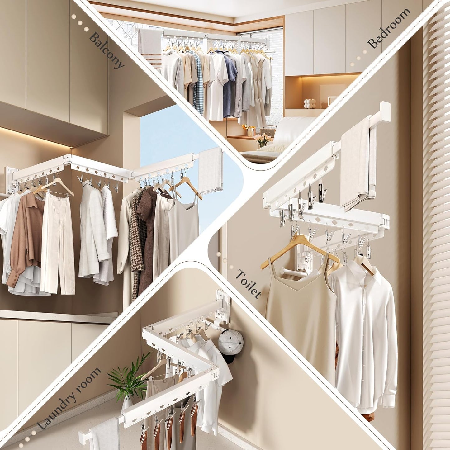 Wall Mounted Collapsible Clothes Drying Rack, Durable Space-Saving Laundry Drying Rack Clothing Hanger, Upgraded with Clips and Windproof Holes