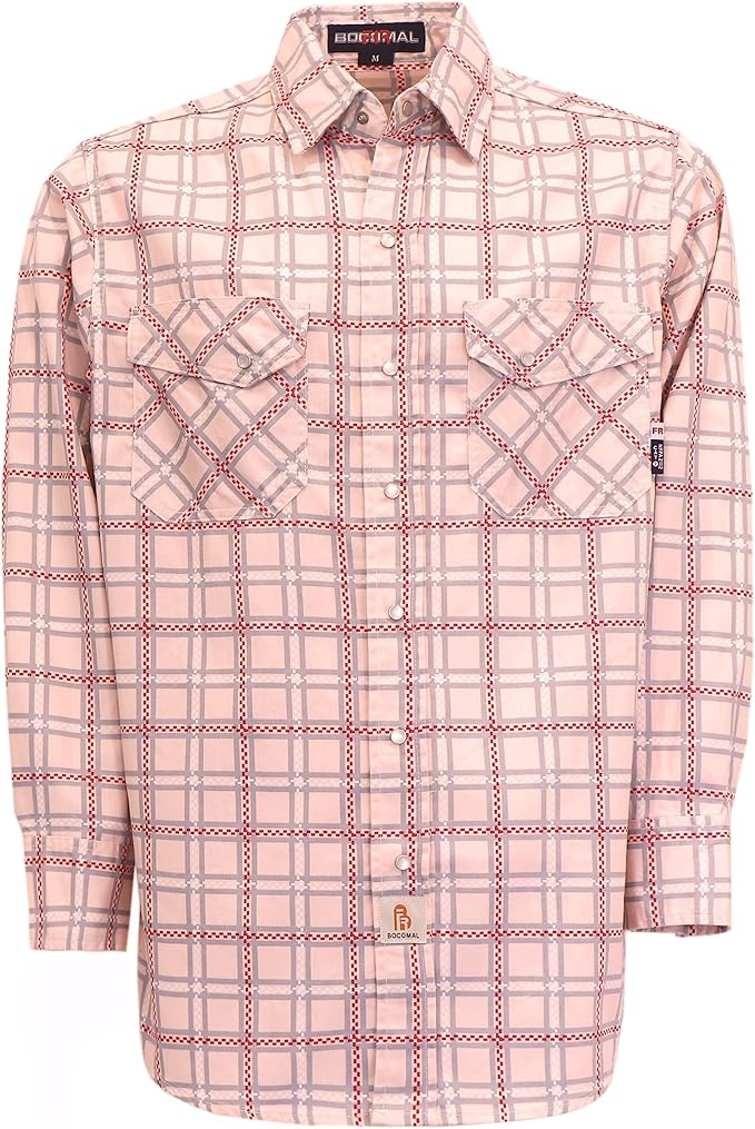 BOCOMAL FR Shirts for Men Printed Plaid Flame Resistant NFPA2112/CAT2 6.5oz Lightweight Fire Retardant Shirt