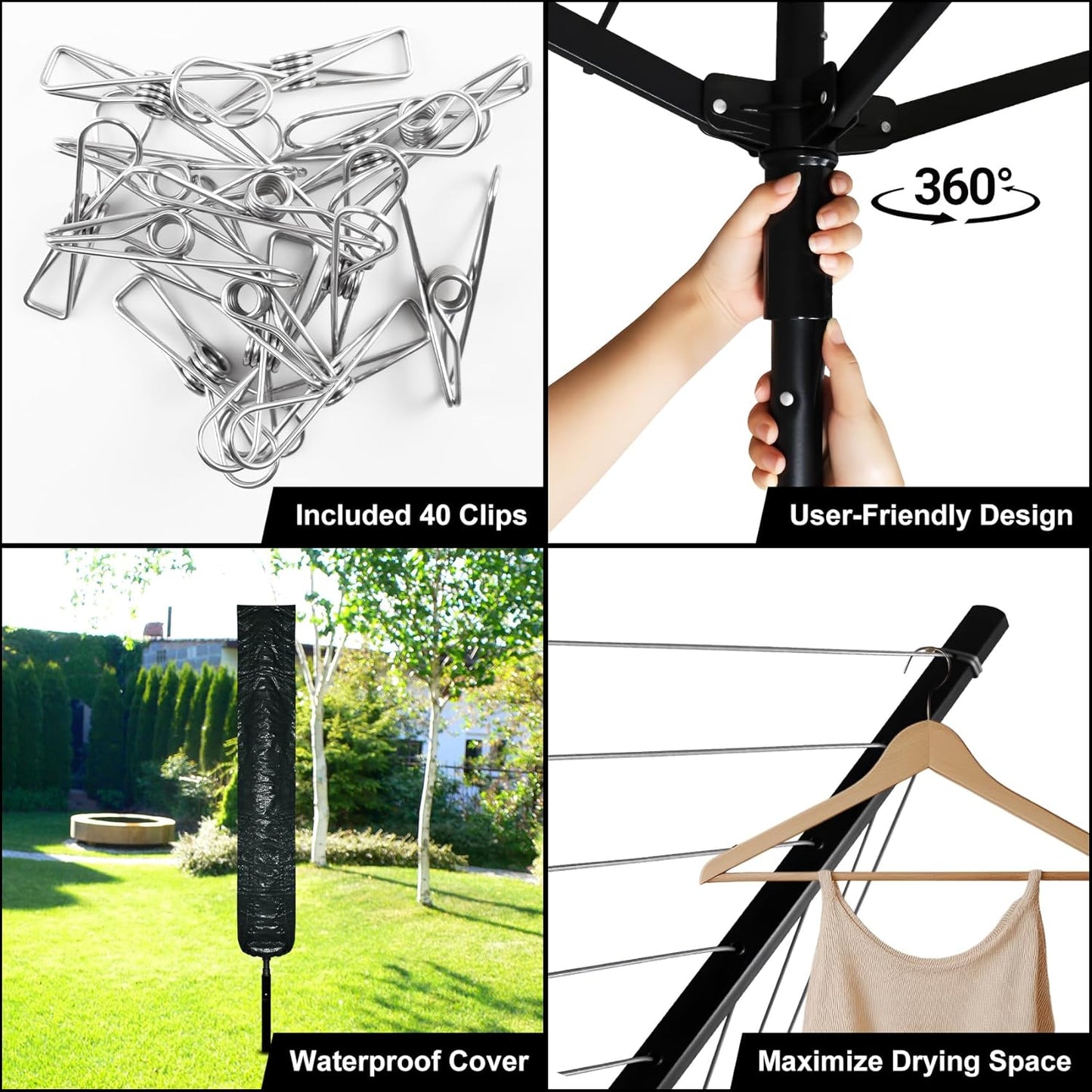 Umbrella Clothesline Outdoor with 40 Pegs, 4 Arms 12 Lines Rotary Clothesline Folding Clothes Drying Rack, 165 Ft Heavy Duty Clothes Line Outdoors for Backyard, Garden