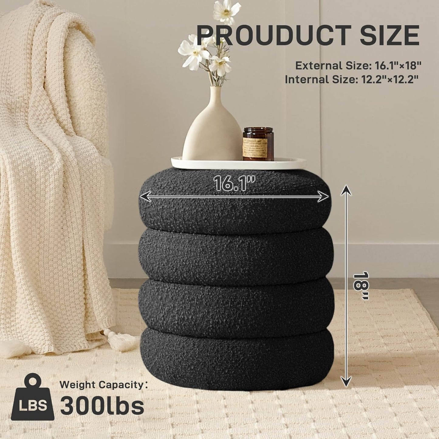 Round Ottoman with Storage Boucle Ottoman Stool with Storage Removable Lid for Living Room Modern Vanity Sorage Stool Foot Rest Bedroom Dorm Gift Set of 1 (Black)