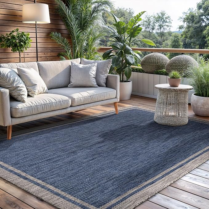 CAMILSON Outdoor Rug, 5x7 Bordered Navy Blue Gray Modern Area Rugs for Indoor and Outdoor Patios, Porches Waterproof Washable Porch Deck Outside Carpet (Bordered Navy, 5 x 7)