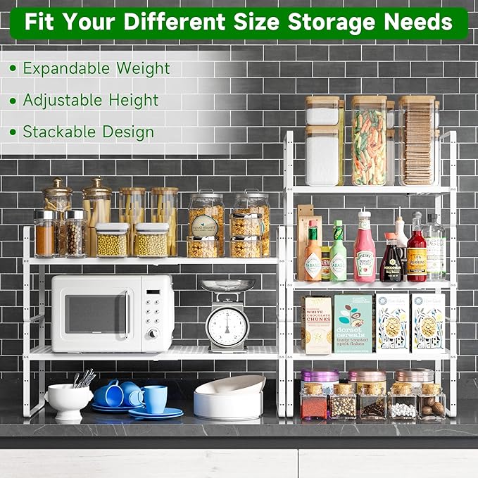 Expandable Kitchen Cabinet Shelf Organizer Rack Heavy Duty Metal Spice Rack Stackable Kitchen Counter Storage Shelf for Cabinet Pantry Bathroom (White- 16.5"-27" L x 8" W x 9.6" H - 2Pack)