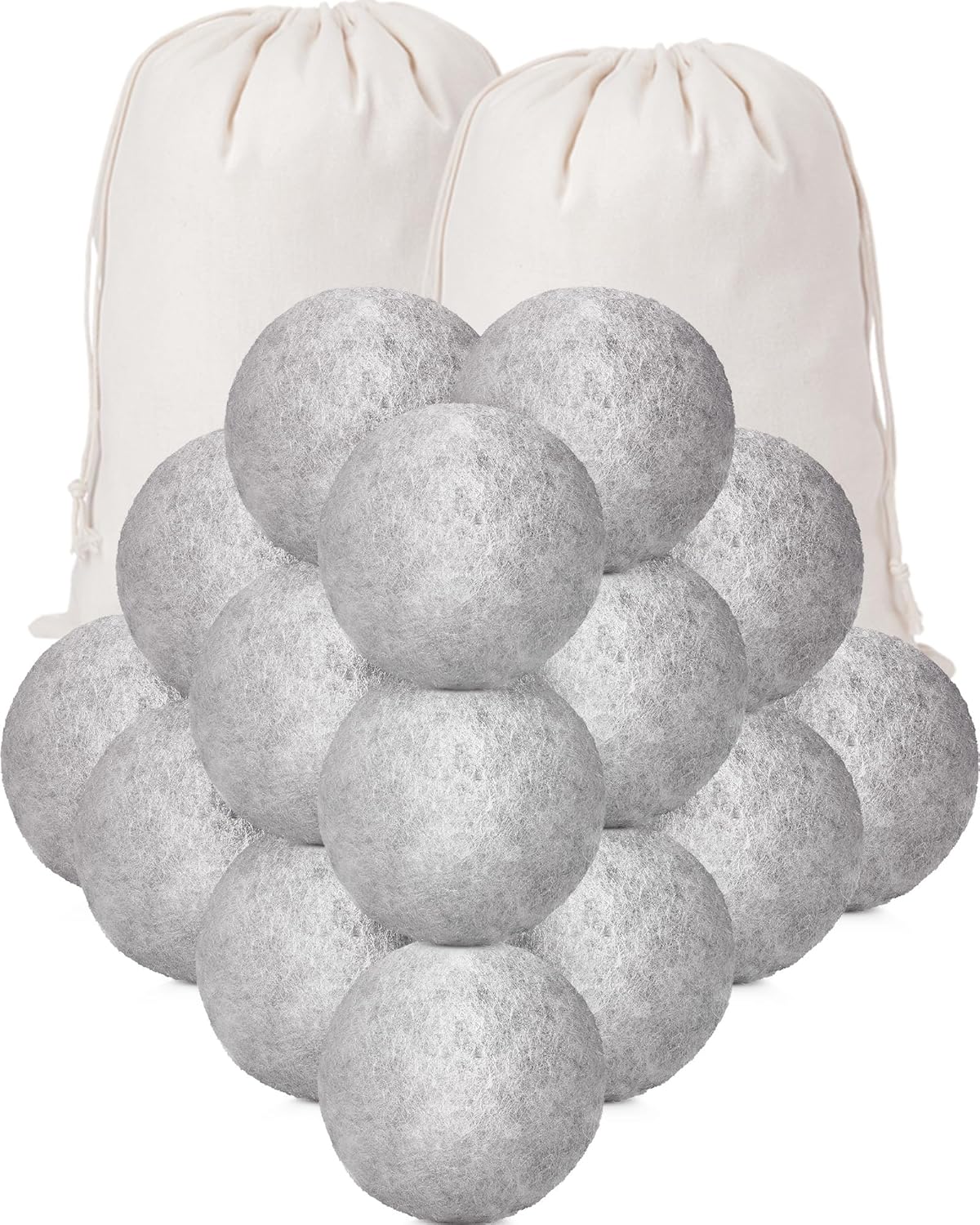 Kenning 26 Pieces Wool Dryer Balls Set, 24 Reusable Dryer Balls with 2 Muslin Bags Fabric Softener for Clothes Laundry Anti Wrinkle Anti Static Saving Energy and Time(Gray)