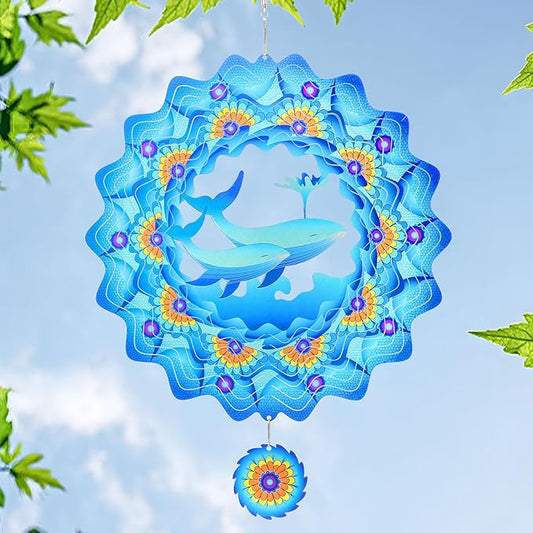 Whale Wind Spinners Garden Yard Decor Gift for Women Men, 12 Inch Outdoor Metal 3D Wind Spinner, Stainless Steel Hanging Wind Catchers Kinetic Sculpture for Outside Decoration
