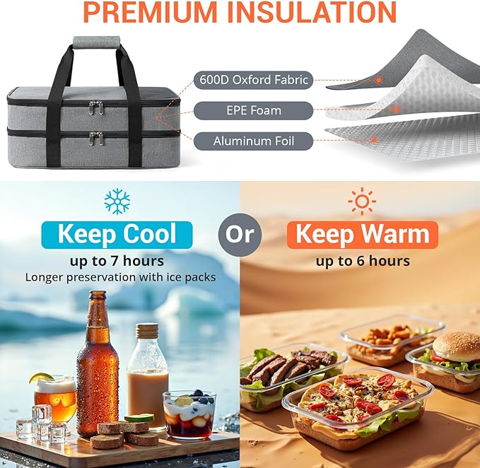 Double Insulated Casserole Carrier for Hot or Cold Food,Pie Carrier Bag Lunch Tote for Potluck Parties/Picnic/Cookouts, Fits 9"x13" Baking Dish, Grey