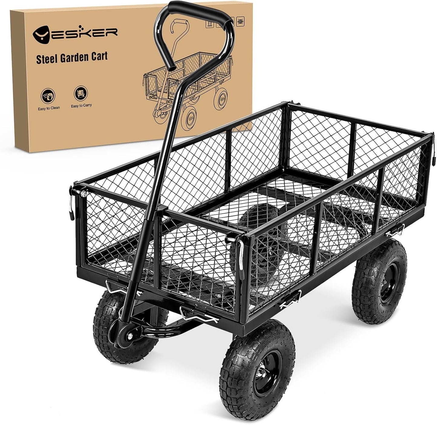 Yesker Steel Garden Carts - 800lbs Dump Wagon with All Terrain Inflatable Wheels for Yard Lawn Farms Gardening - Heavy Duty Utility Outdoor Hauling Wheelbarrow