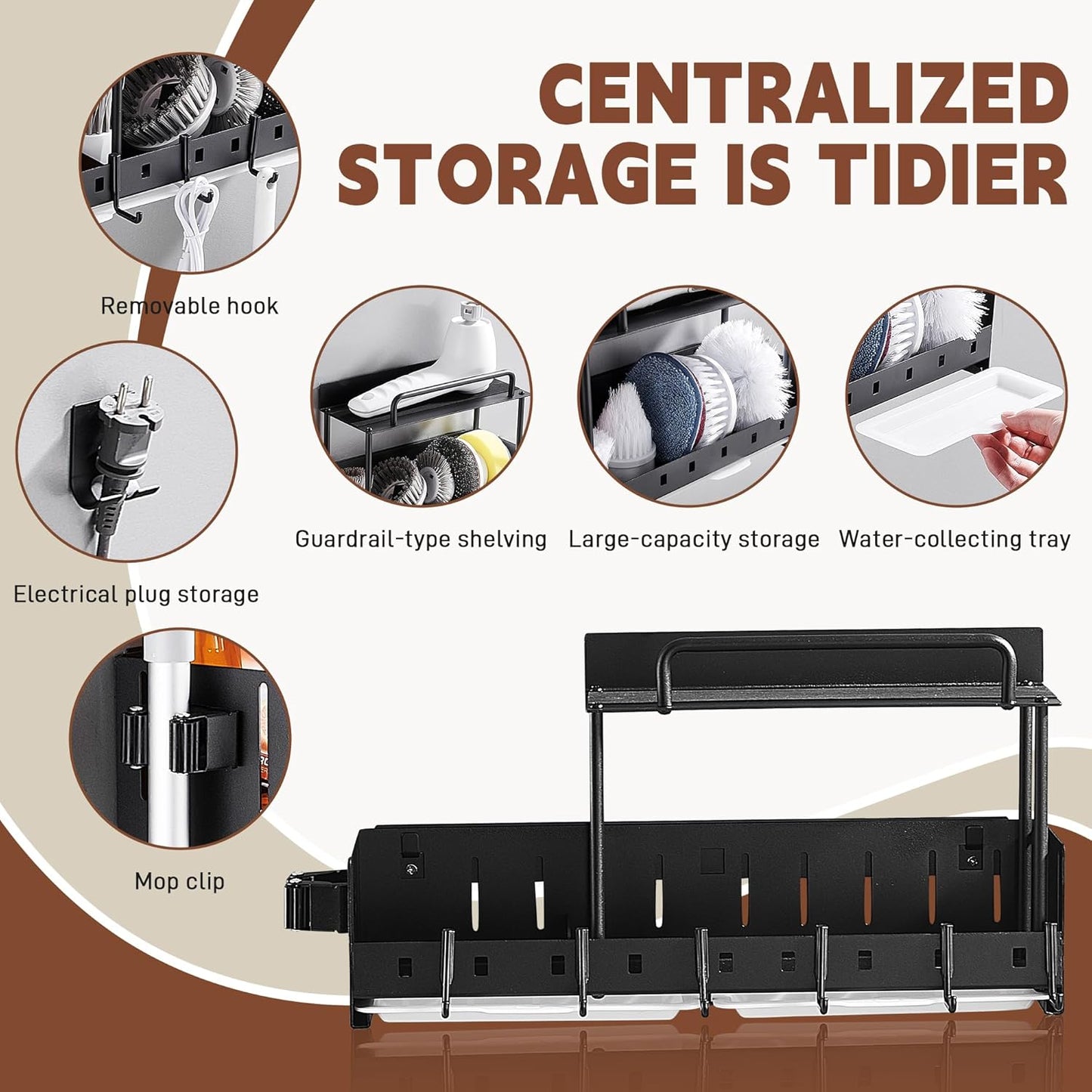 Wall-Mounted Cleaning Tool Organizer, 16.14x4.33x3.74 inches, Black Storage Rack with Drip Tray, Mop Holder with 5 Hooks