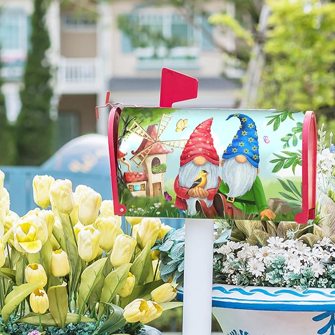 Sweet Gnome Mailbox Covers Magnetic Spring Gnomes Decorative Mailboxes Wraps Post Letter Box Cover Standard Large Size 25.5 x 21 Inch for Outdoor Garden Yard Home Decor Outside