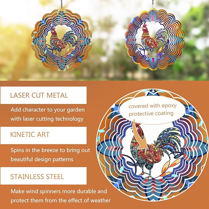 2 Pack Rooster Metal Wind Spinners - Chicken Gifts for Women Mom Grandma Wife, Hanging Wind Spinner for Outdoor & Indoor Decorations, 12 inch Wind Spinner for Christmas Thanksgiving Ornament Gifts