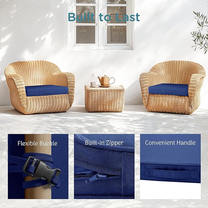 Codi Outdoor Cushions for Patio Furniture 24x24 Inch, Waterproof Chair Seat Cushion with Handles & Adjustable Straps, Fade Resistant - Set of 2, Navy Blue