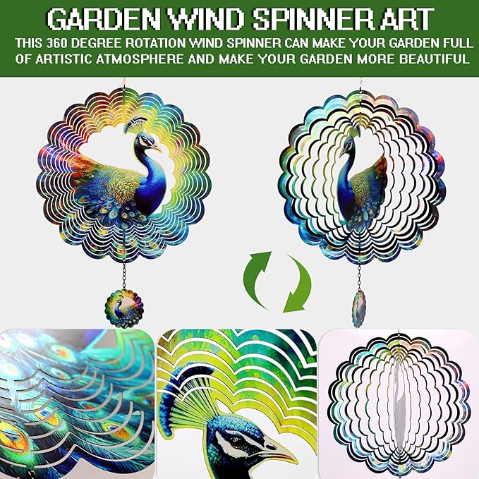 Peacock Metal Wind Spinners - Gifts for Women Mom Grandma Wife, Hanging Wind Spinner for Outdoor & Indoor Decorations, 12 inch Wide, 21 inch Long, Wind Spinner for Christmas Ornament Gifts