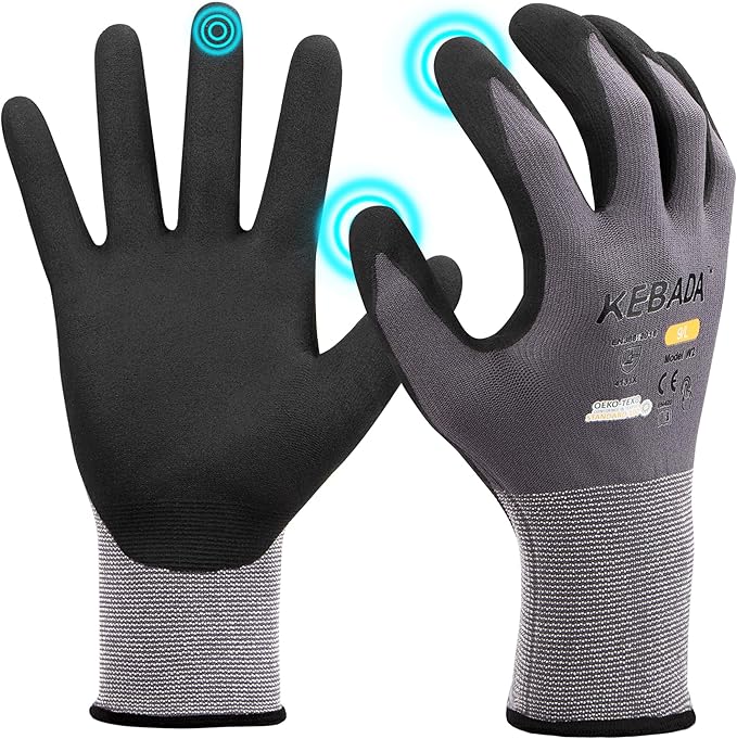 Kebada W2 Safety Work Gloves, Micro-Foam Nitrile Coated Gloves, Touchscreen,Ideal for Package Handling, Gardening, Construction, 1 Pair Large