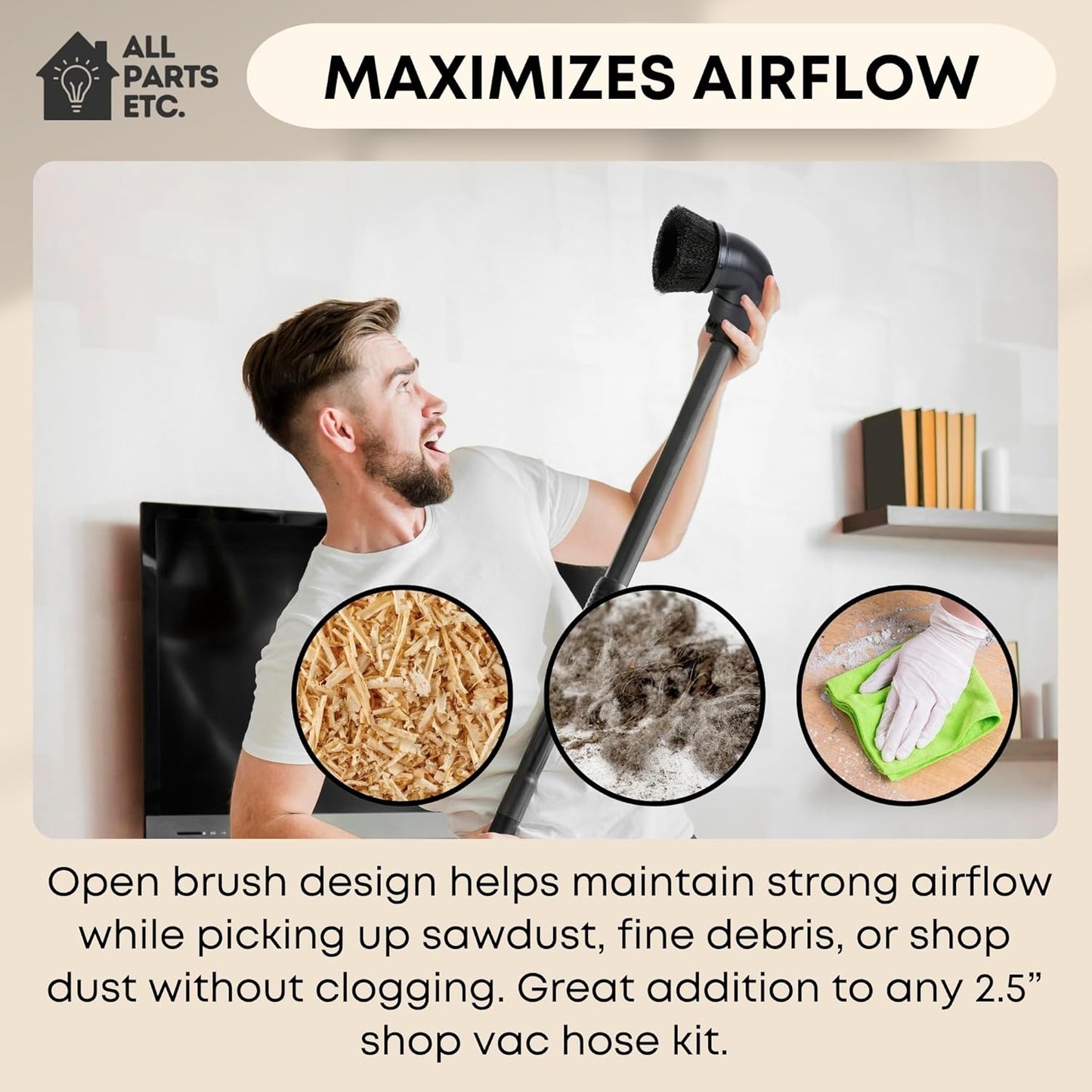 2.5" Dust Brush Attachment Compatible with Shop Vac, Craftsman, and more Wet Dry Vacuum Cleaner Accessory with Nylon Bristles Fits 2-1/2 Inch Hose - for Woodworking, Garage & Workshop Cleaning.