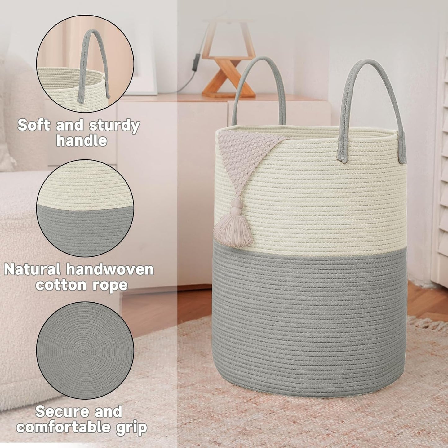 Large Woven Laundry Basket Hamper,60L Cotton Rope Storage Bin for Blankets,Toys and Clothes,Decorative Tall Nursery Hamper for Living Room,Baby Nursery,Bathroom and Bedroom,White and Grey