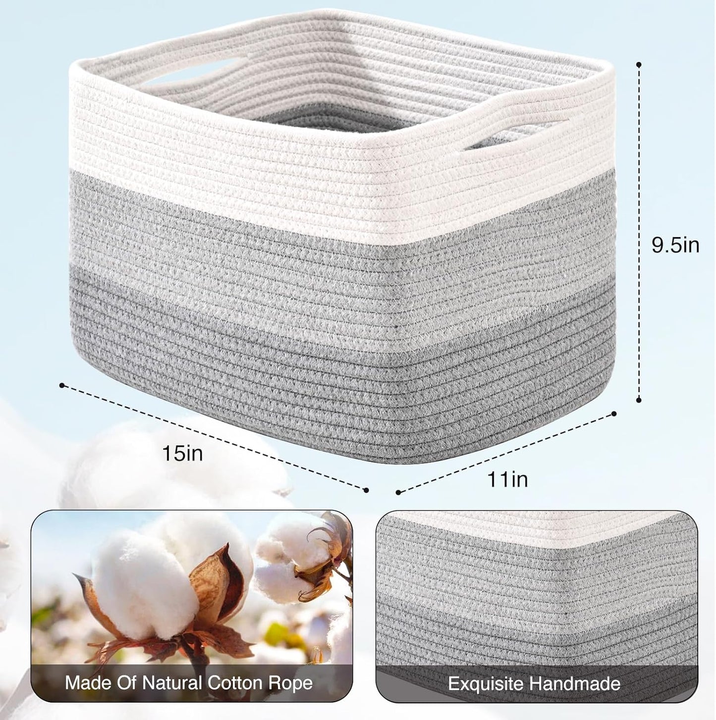 Storage Baskets for Organizing Shelves, Woven Cotton Rope Baskets for Storage Books Towels Toys, Organizing Baskets, Toy Basket for Nursery Bathroom, 15"x11"x9.5", 3 Packs, Gradient Grey