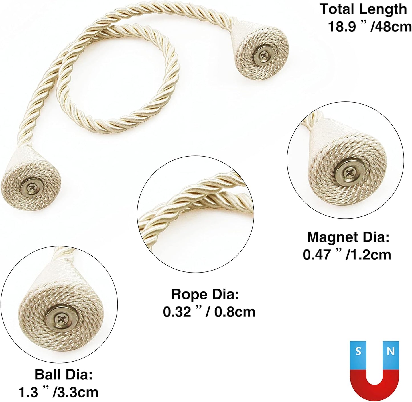 2 Pack Magnetic Curtain Tiebacks Rope Modern Handmade Curtain Tie Backs Decorative Drapes Weave Holdbacks for Window Décor, Beige