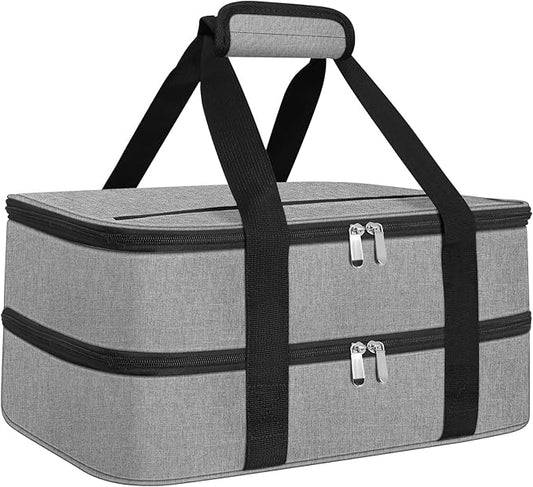 esouler Double Insulated Casserole Carrier Bag Hot & Cold Food Carrier Bag Lasagna Holder Lunch Bag for Picnics, Parties, Travel, Fits 9 x 13 Inches Casserole Dish-Grey