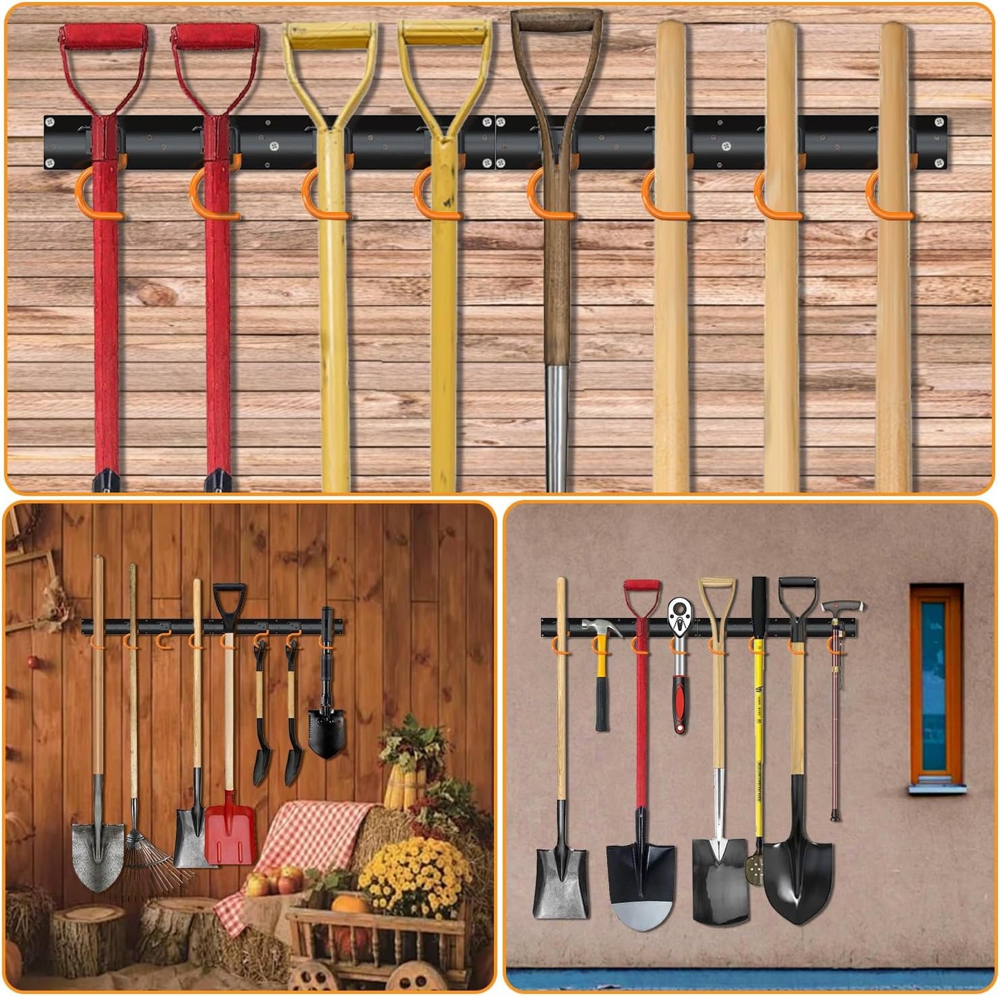 3-H 4×16" All Metal Garden Tool Organizer, Garage Tool Organizer, Broom Holder Wall Mount for Garage, Shed, Garden, Basement Hanging and Organizing Rake, Mop, Shovel, Hose