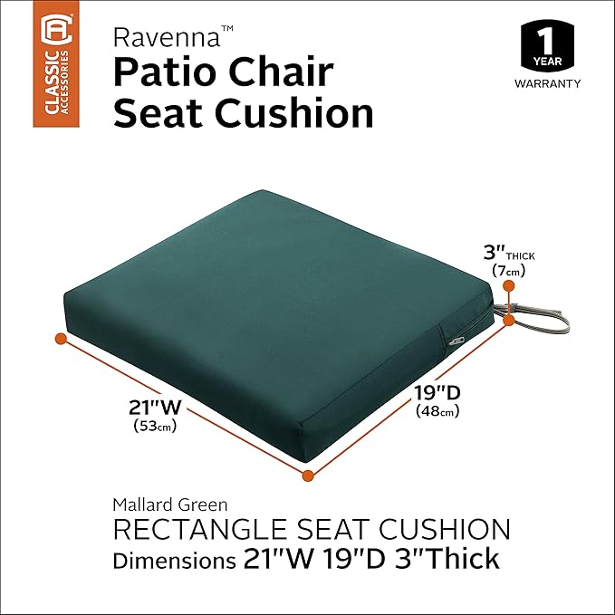 Classic Accessories Ravenna Water-Resistant 21 x 19 x 3 Inch Patio Seat Cushion, Mallard Green, Chair Seat Cushion