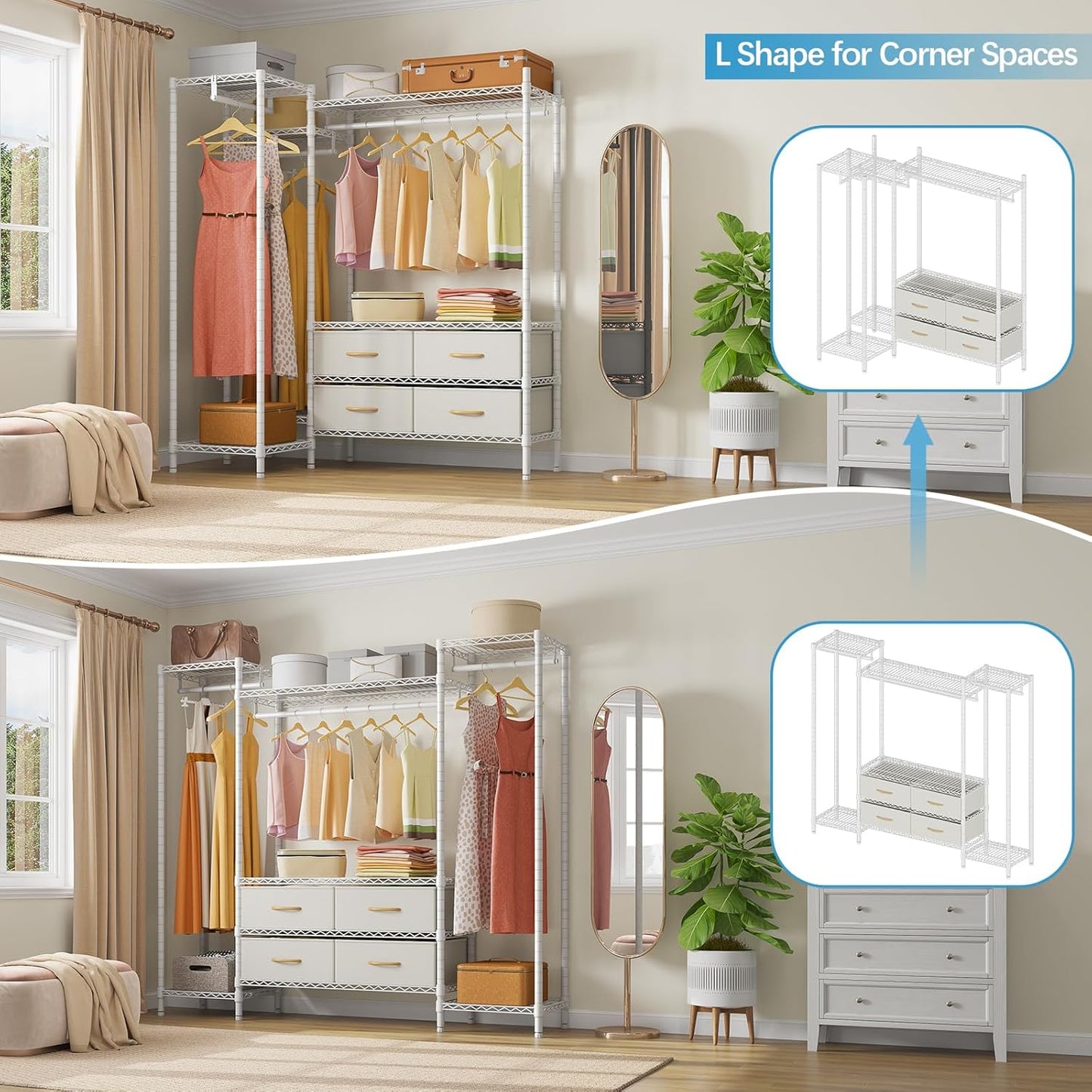 VIPEK V20 Wire Garment Rack Heavy Duty Clothes Rack, Metal Clothing Rack with 6 Shelves, 3 Hang Rods & 4 Fabric Drawers, Compact Freestanding Closet Wardrobe, 56.7" L x 14.6" W x 70.9" H, White